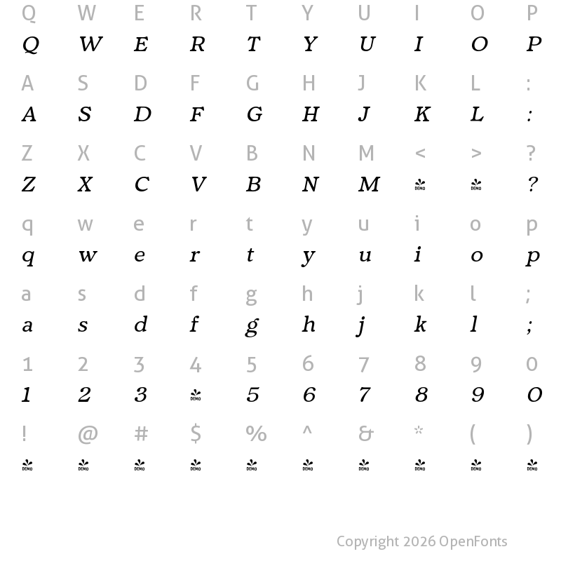 Character Map of FONTSPRING DEMO - Fedro Med Italic