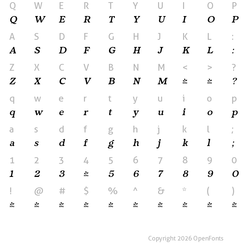 Character Map of FONTSPRING DEMO - Fedro SemBd Italic