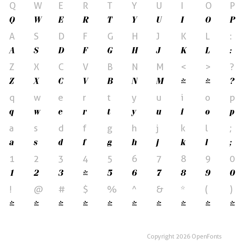 Character Map of FONTSPRING DEMO - Ferrara Bold Italic