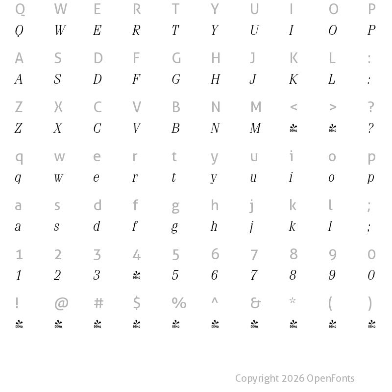 Character Map of FONTSPRING DEMO - Ferrara Pro Light Italic