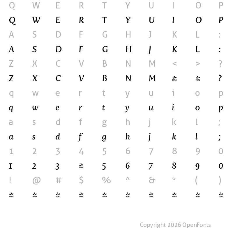 Character Map of FONTSPRING DEMO - Fertigo Pro Italic