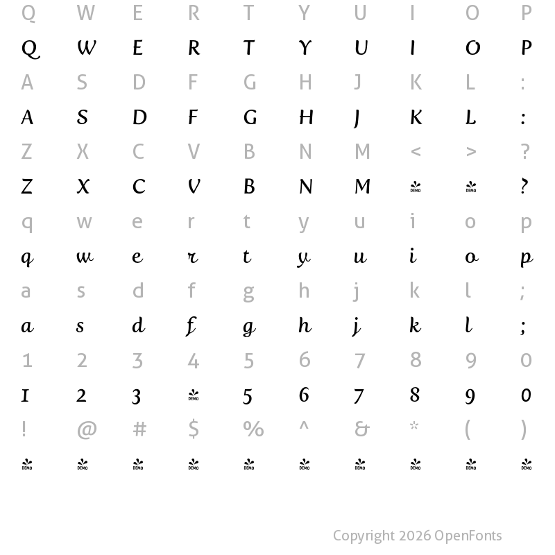 Character Map of FONTSPRING DEMO - Fertigo Pro Script Regular