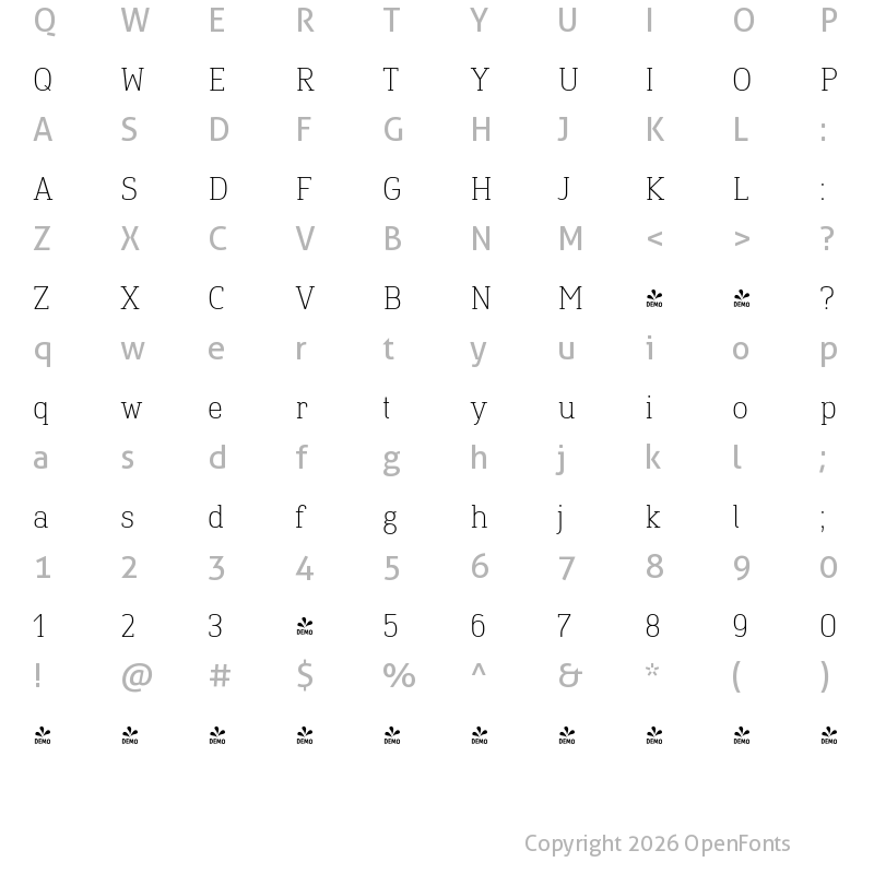 Character Map of FONTSPRING DEMO - Finador Slab ExtraLight Regular