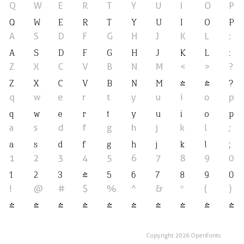 Character Map of FONTSPRING DEMO - Finador Slab Light Regular