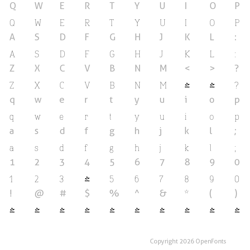 Character Map of FONTSPRING DEMO - Finador Slab Thin Regular