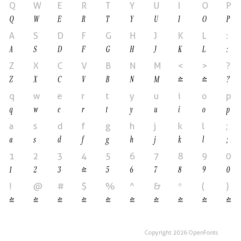 Character Map of FONTSPRING DEMO - Fionas SemBd Ita Italic