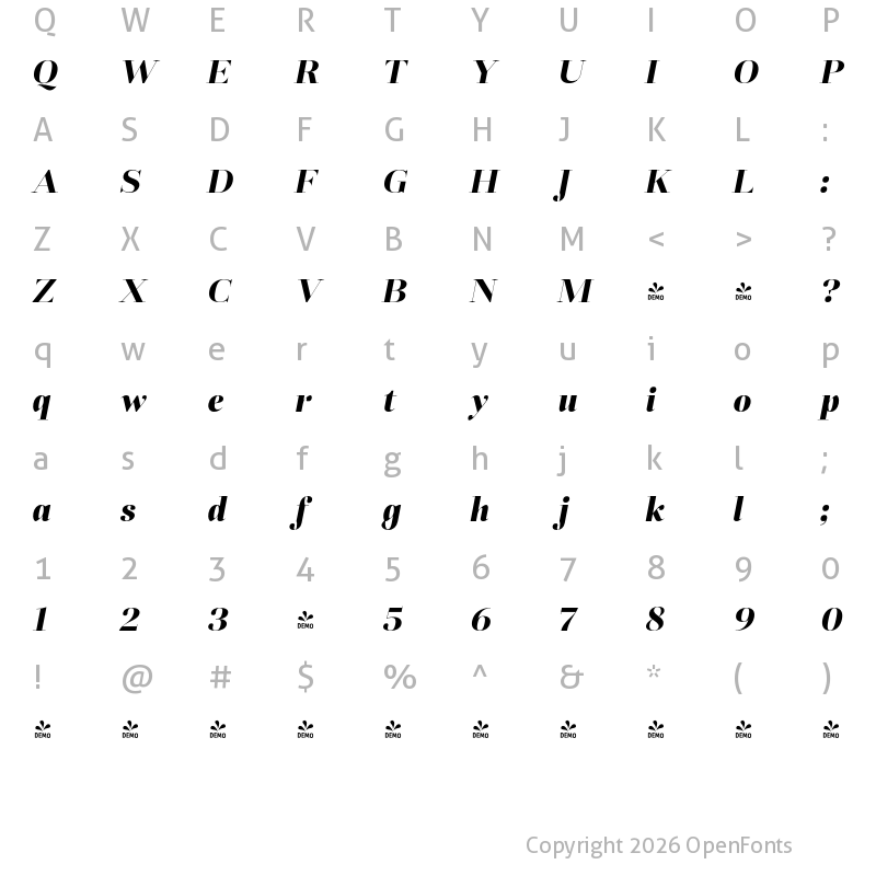 Character Map of FONTSPRING DEMO - Fiorina Grande ExtBd Italic
