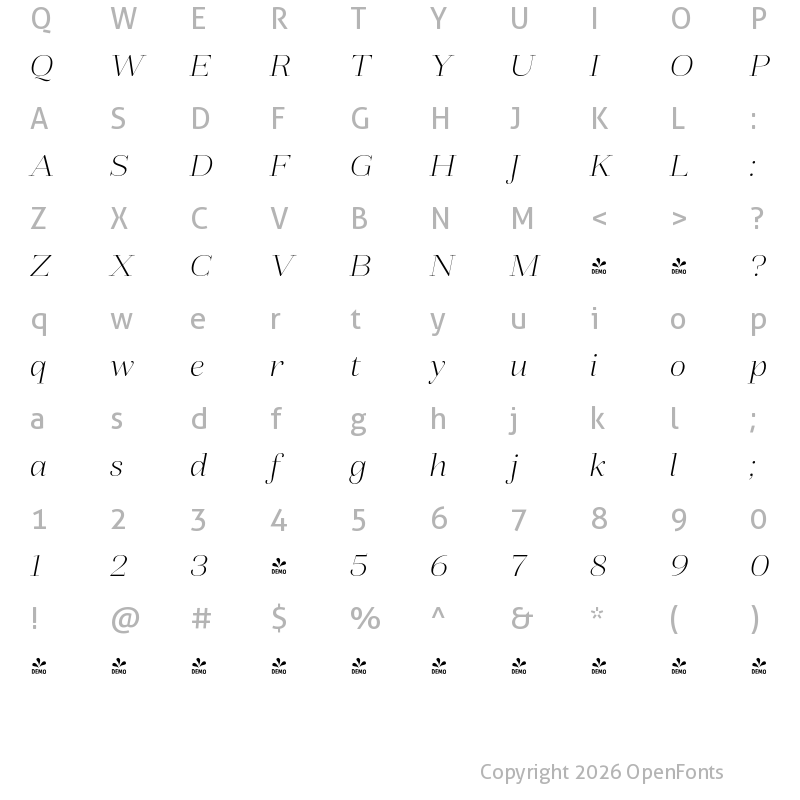 Character Map of FONTSPRING DEMO - Fiorina Grande ExtLt Italic