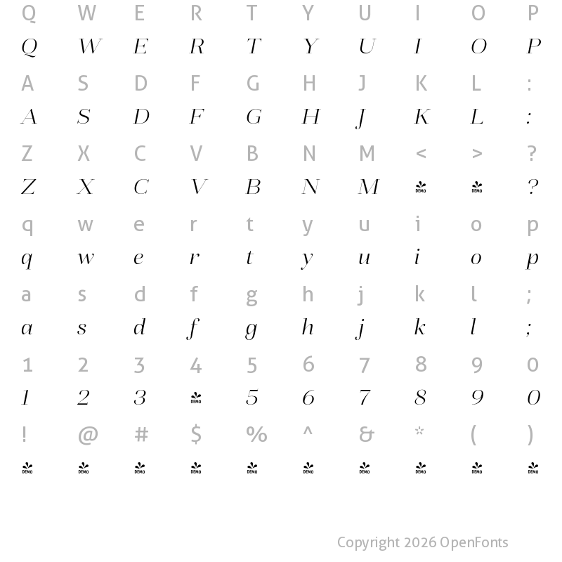 Character Map of FONTSPRING DEMO - Fiorina Grande Light Italic