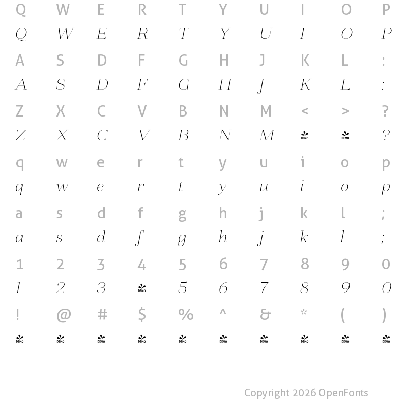 Character Map of FONTSPRING DEMO - Fiorina Grande Thin Italic