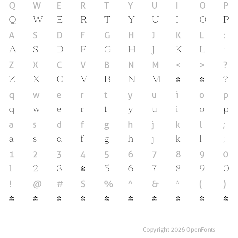 Character Map of FONTSPRING DEMO - Fiorina Subhead Thin Regular