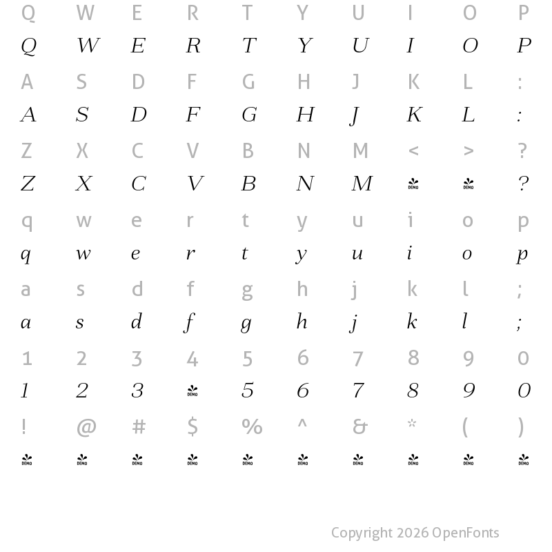 Character Map of FONTSPRING DEMO - Fiorina Text Light Italic