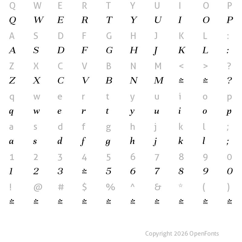 Character Map of FONTSPRING DEMO - Fiorina Text Med Italic