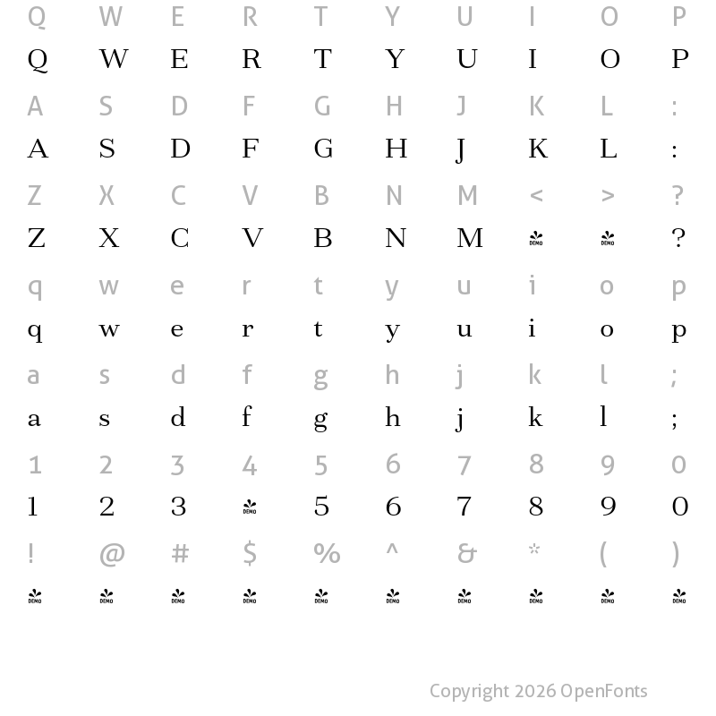 Character Map of FONTSPRING DEMO - Fiorina Text Regular