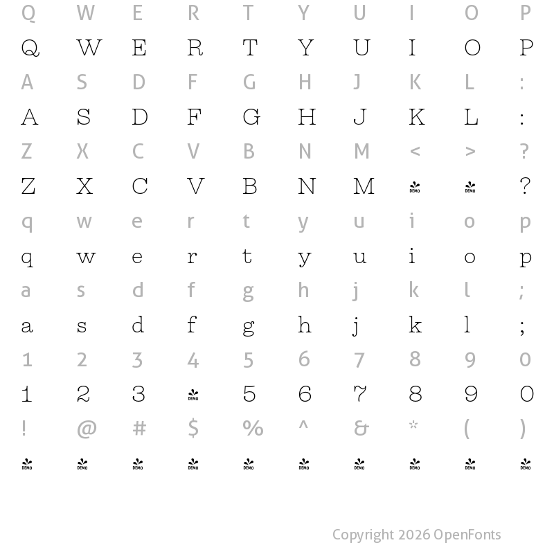Character Map of FONTSPRING DEMO - Firelli Thin Regular