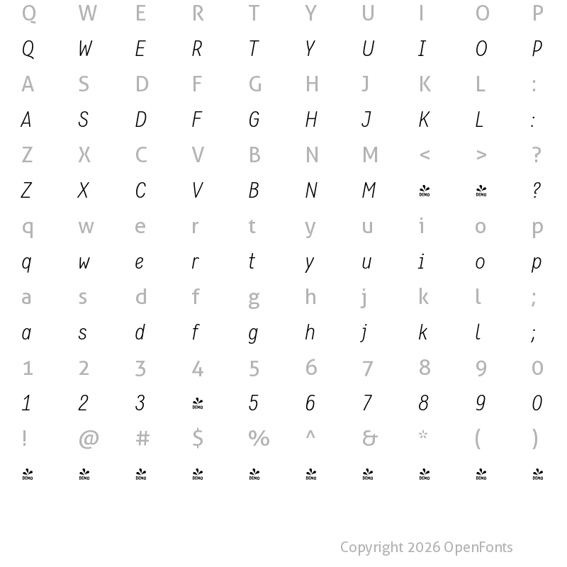 Character Map of FONTSPRING DEMO - Flavoure Light Italic