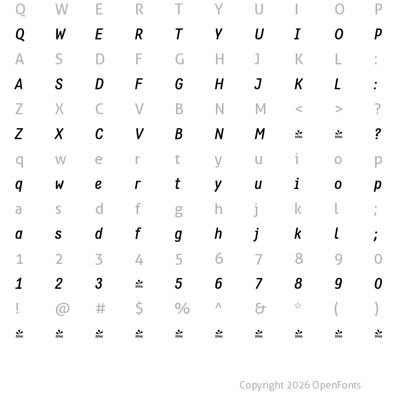 Character Map of FONTSPRING DEMO - Flavoure Medium Italic