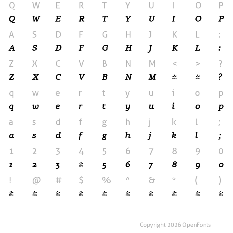 Character Map of FONTSPRING DEMO - Flembo-TextBoldItalic Flembo-TextBoldItalic