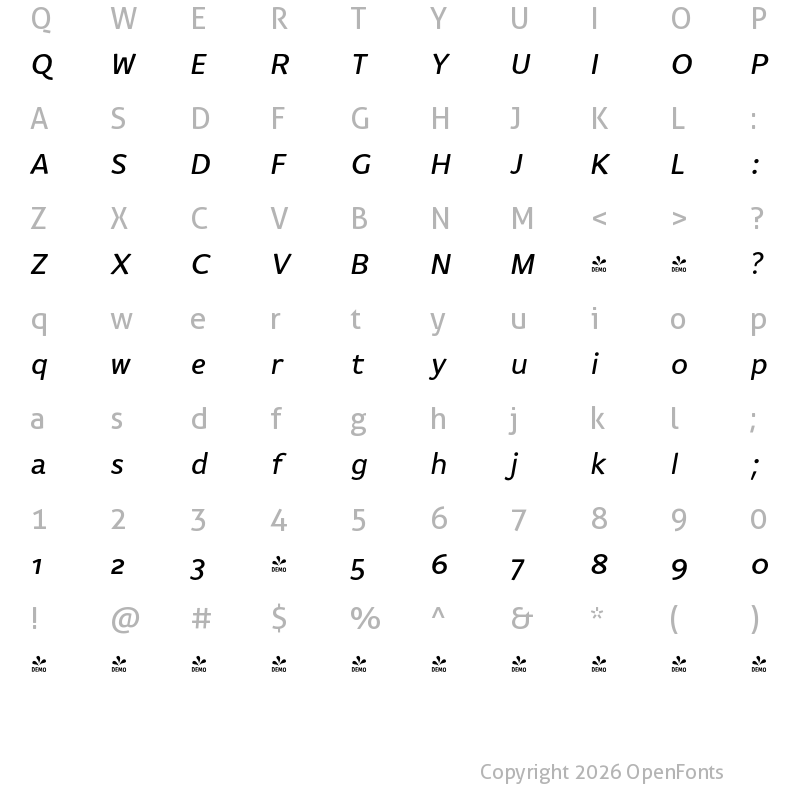 Character Map of FONTSPRING DEMO - Flembo-TitleItalic Flembo-TitleItalic