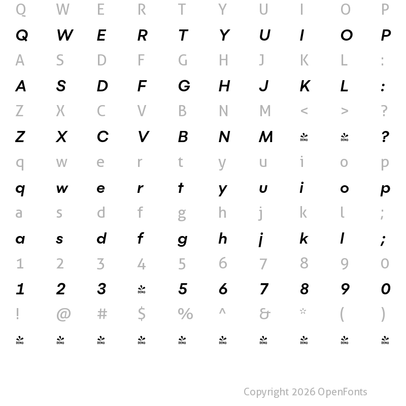 Character Map of FONTSPRING DEMO - Flink Bold Italic Regular