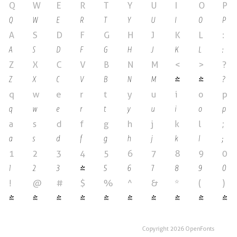 Character Map of FONTSPRING DEMO - Floki ExtraLight Italic Regular