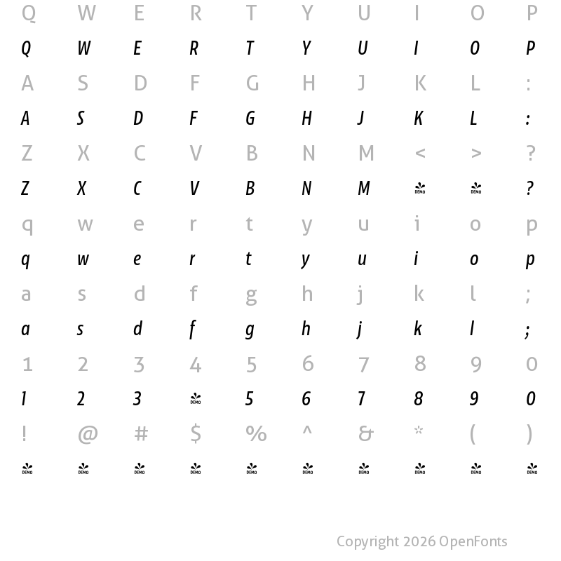 Character Map of FONTSPRING DEMO - Floki Italic Regular