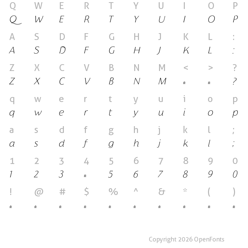 Character Map of FONTSPRING DEMO - Florentia ExtLt Italic