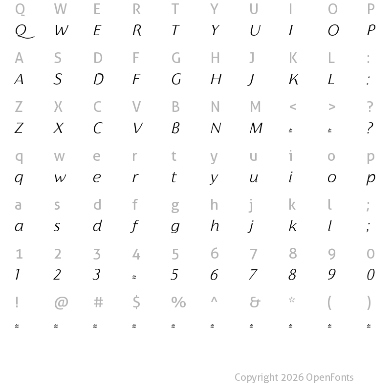 Character Map of FONTSPRING DEMO - Florentia Light Italic