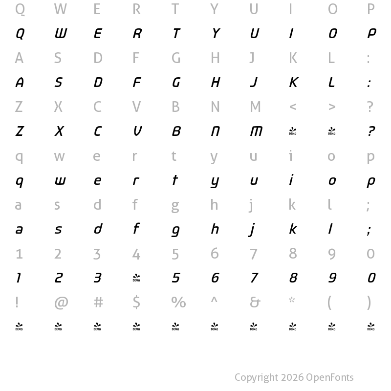Character Map of FONTSPRING DEMO - Fluctuation Bk Italic