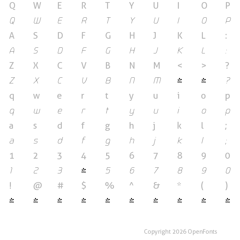 Character Map of FONTSPRING DEMO - Fluctuation El Italic