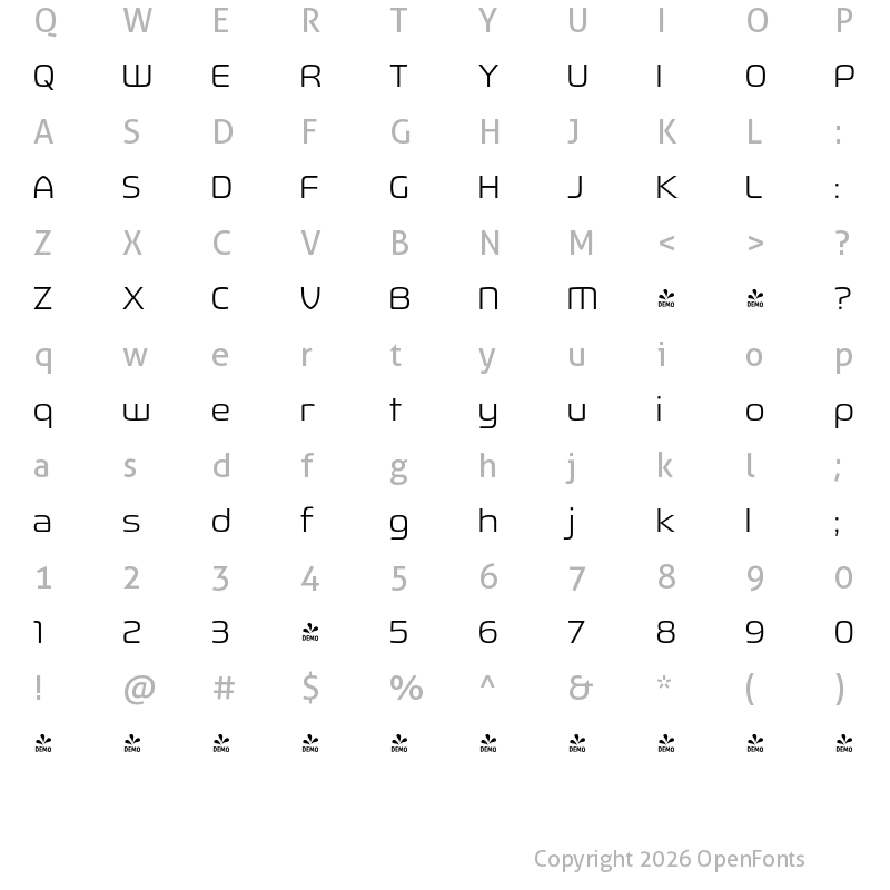 Character Map of FONTSPRING DEMO - Fluctuation Lt Regular