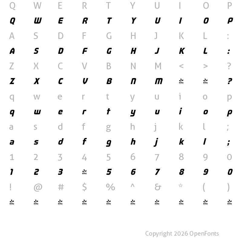 Character Map of FONTSPRING DEMO - Fluctuation Rg Bold Italic