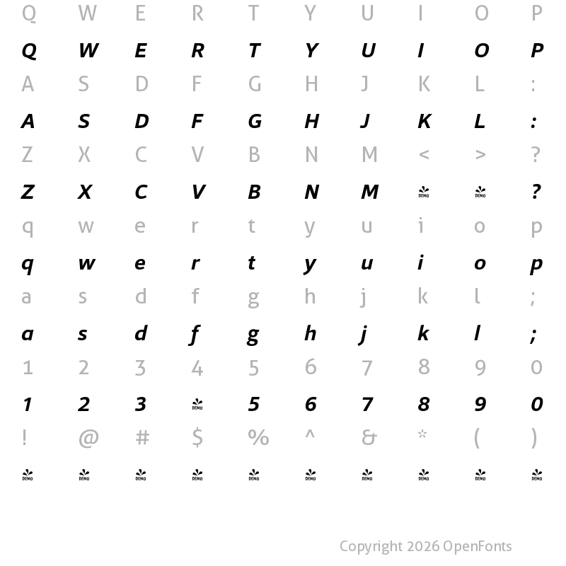 Character Map of FONTSPRING DEMO - Foro Sans Bold Italic