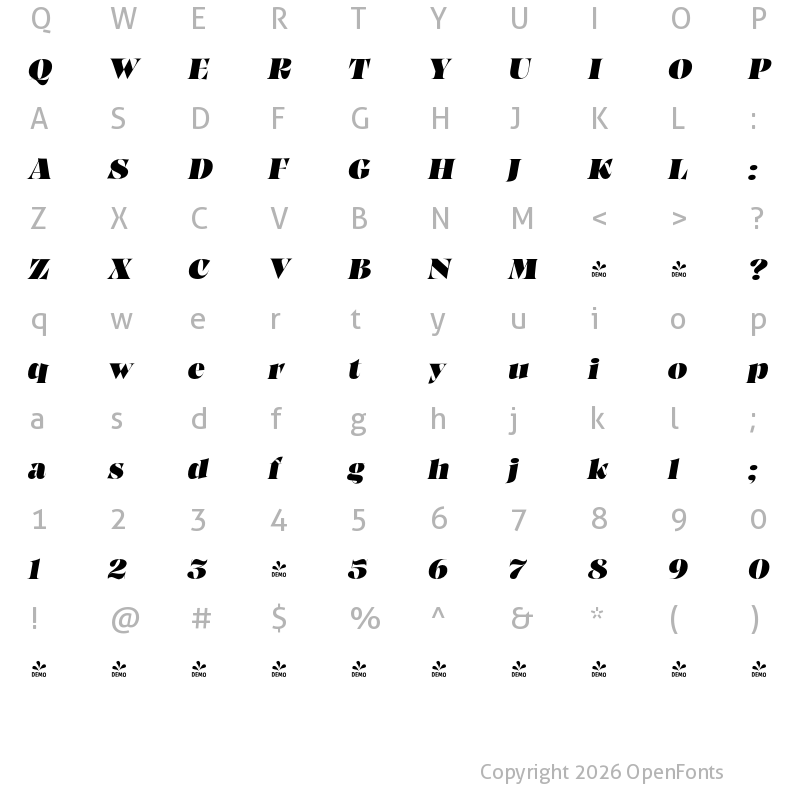 Character Map of FONTSPRING DEMO - Fosca Italic