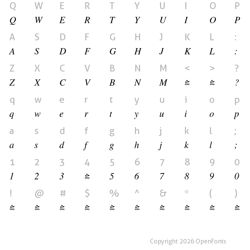 Character Map of FONTSPRING DEMO - Foundation Roman Italic