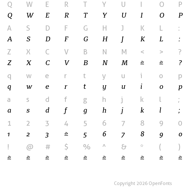 Character Map of FONTSPRING DEMO - FP Dancer Serif Book Italic Italic