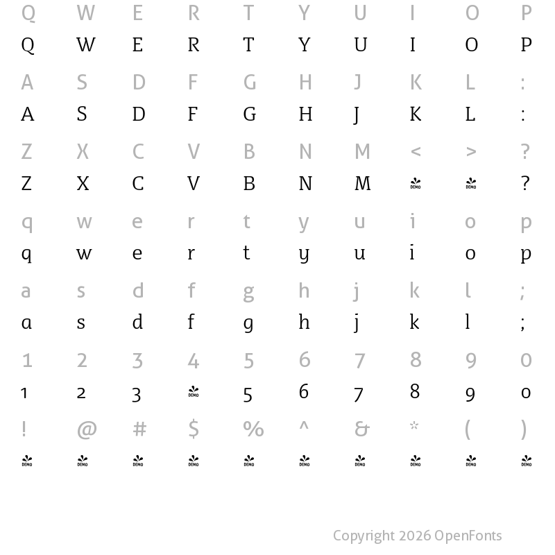 Character Map of FONTSPRING DEMO - FP Dancer Serif Light Regular