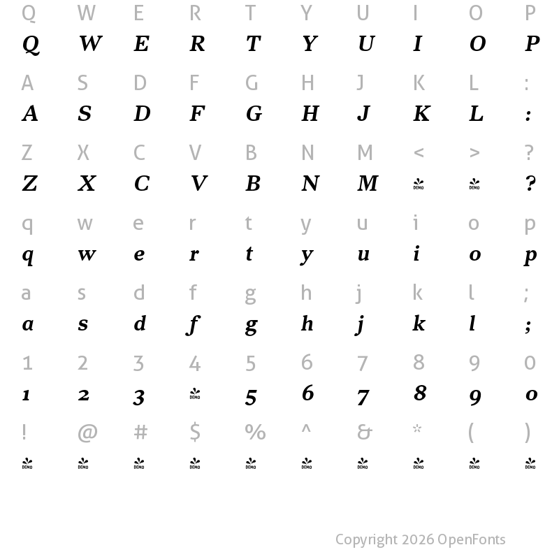 Character Map of FONTSPRING DEMO - FP Elsinore Italic Italic