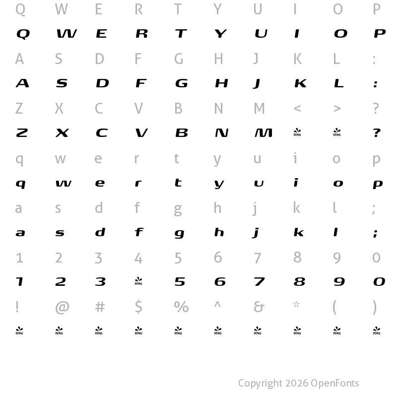 Character Map of FONTSPRING DEMO - FP Head Pro Italic Regular