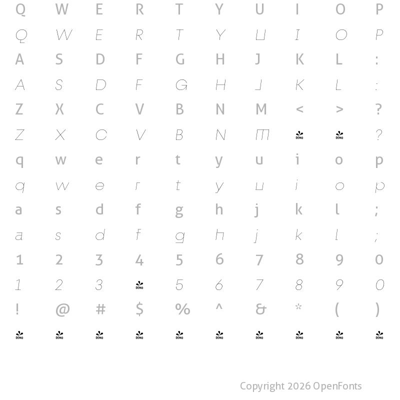 Character Map of FONTSPRING DEMO - Fractul Alt Hairline Italic