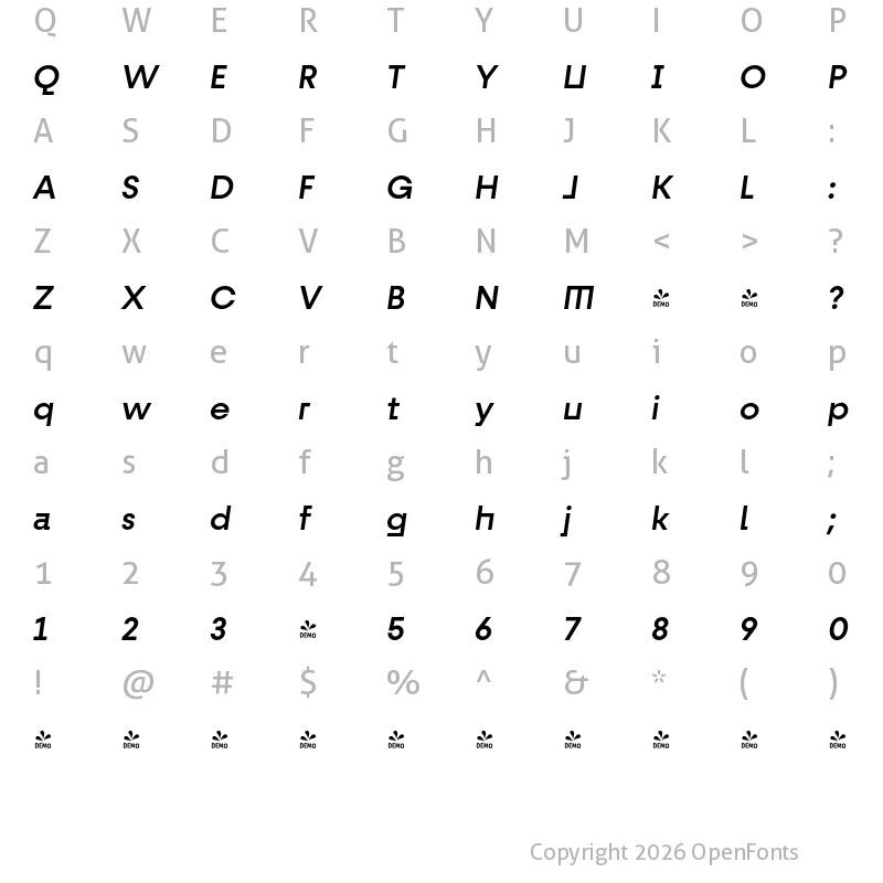 Character Map of FONTSPRING DEMO - Fractul Alt Medium Italic