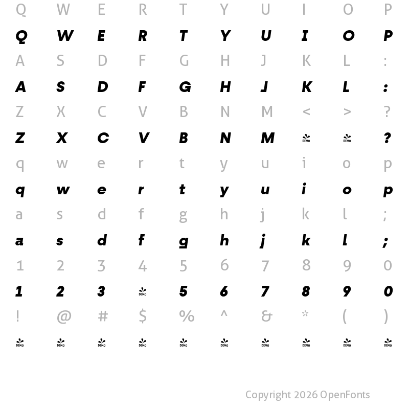 Character Map of FONTSPRING DEMO - Fractul ExtraBold Italic