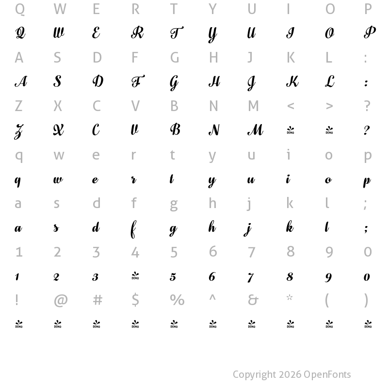 Character Map of FONTSPRING DEMO - Fragola Bold Italic Regular