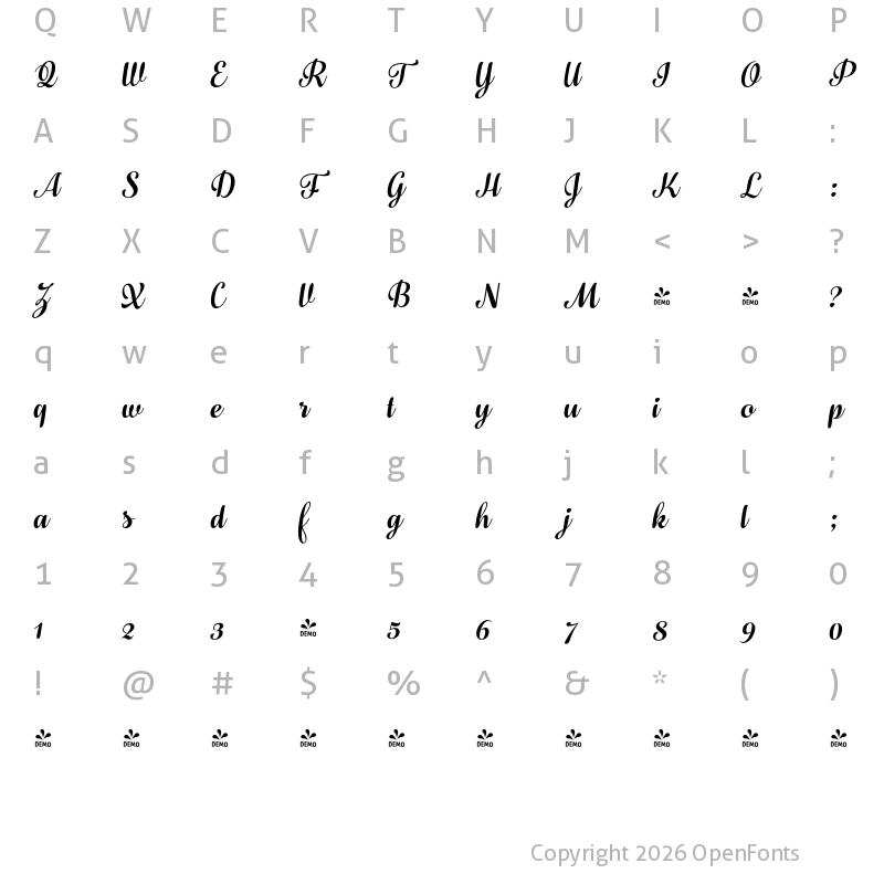Character Map of FONTSPRING DEMO - Fragola Italic Regular