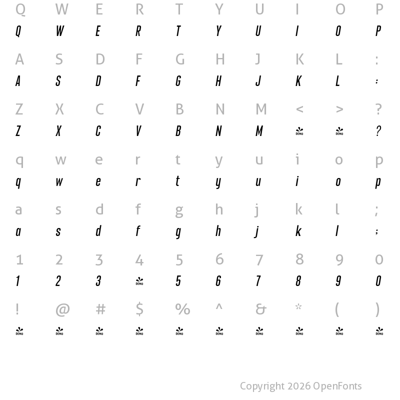 Character Map of FONTSPRING DEMO - Franchise Pro Italic