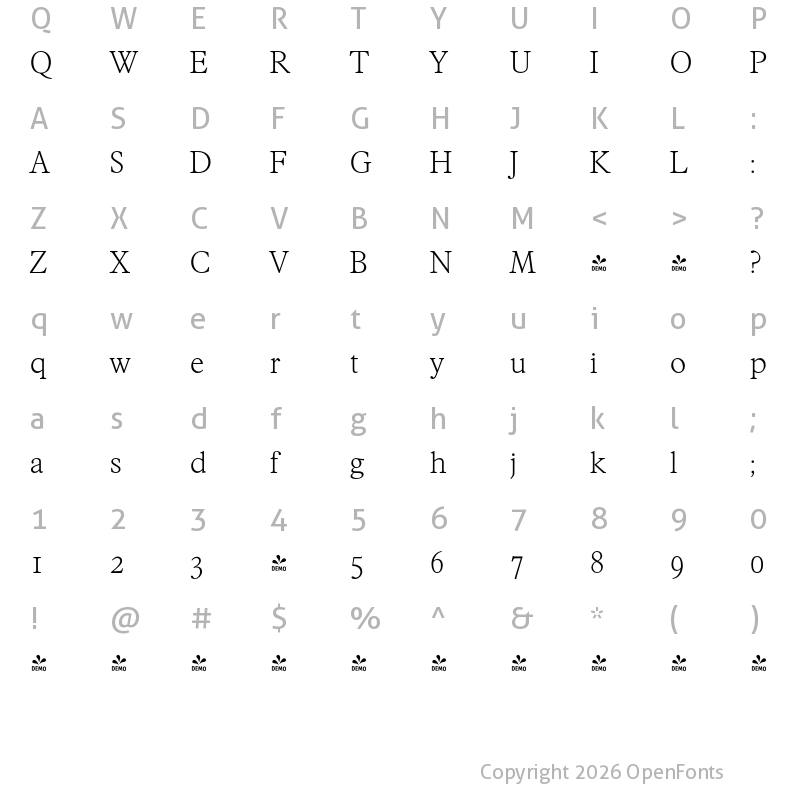 Character Map of FONTSPRING DEMO - Francisco Serial Xlight Regular