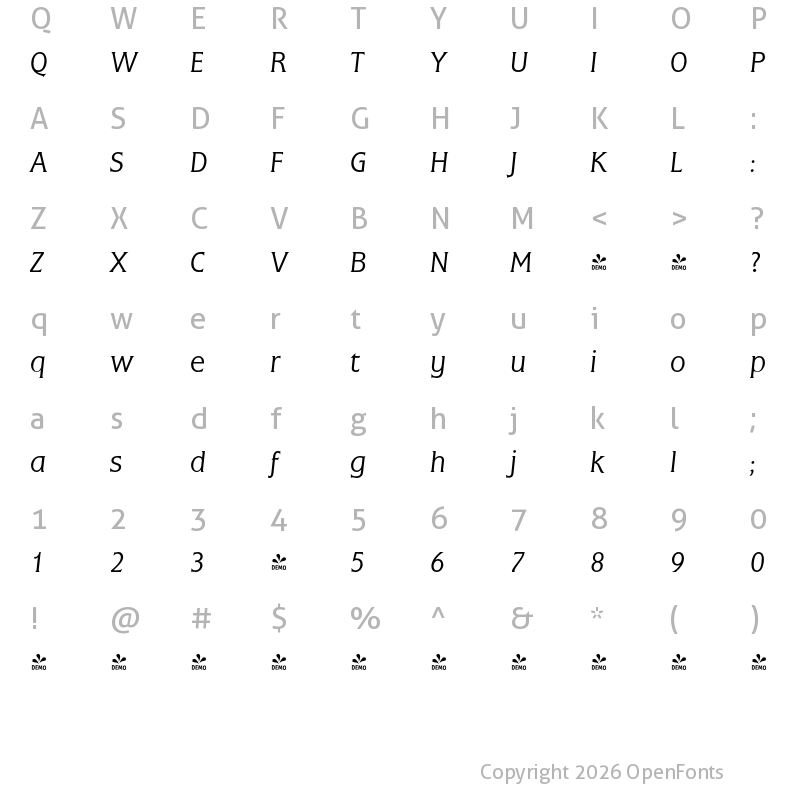 Character Map of FONTSPRING DEMO - Frascati Pro Light Italic