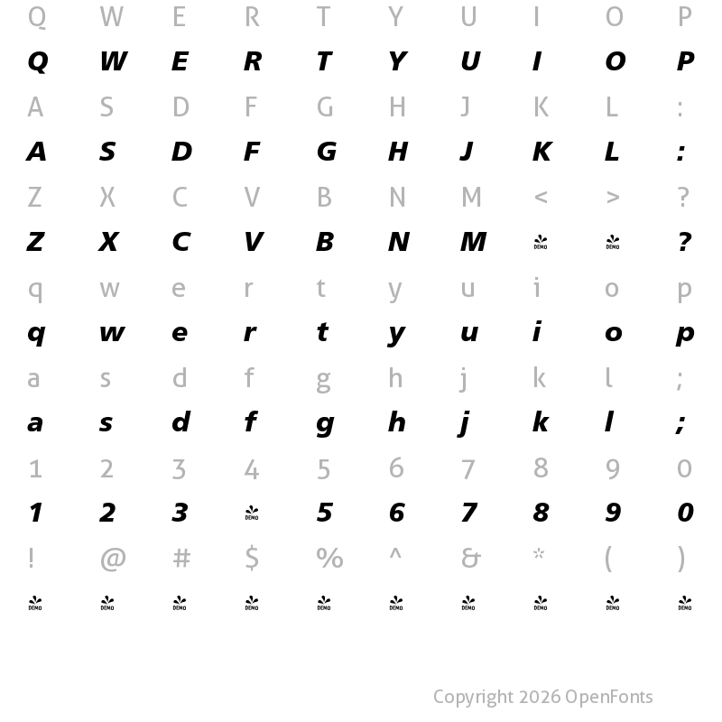 Character Map of FONTSPRING DEMO - FreeSet Bold Italic