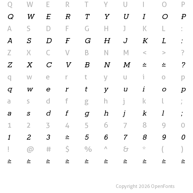 Character Map of FONTSPRING DEMO - Fried Chicken Italic