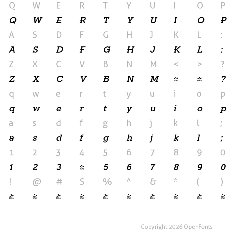 Character Map of FONTSPRING DEMO - Fried Chicken Med Italic